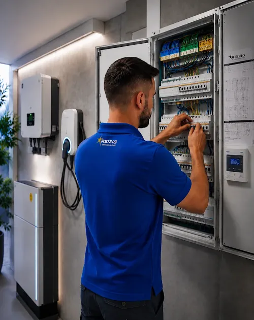 Elektromonteur von REIZIG arbeitet an einer Zähler- und Verteileranlage neben Wallbox und Stromspeicher